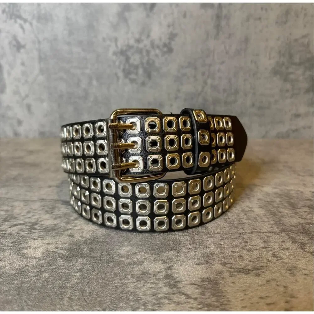 Black Studded Unisex Belt Silver Grommets Rocker Chic Punk Grunge Y2K NWOT Sz 32